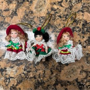 Lot of 3 Vintage Mini Porcelain Victorian Dolls Christmas Tree Ornaments